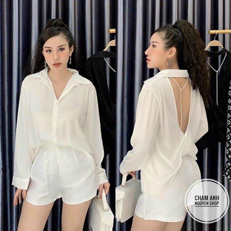Áo sơ mi hở lưng đan ngọc