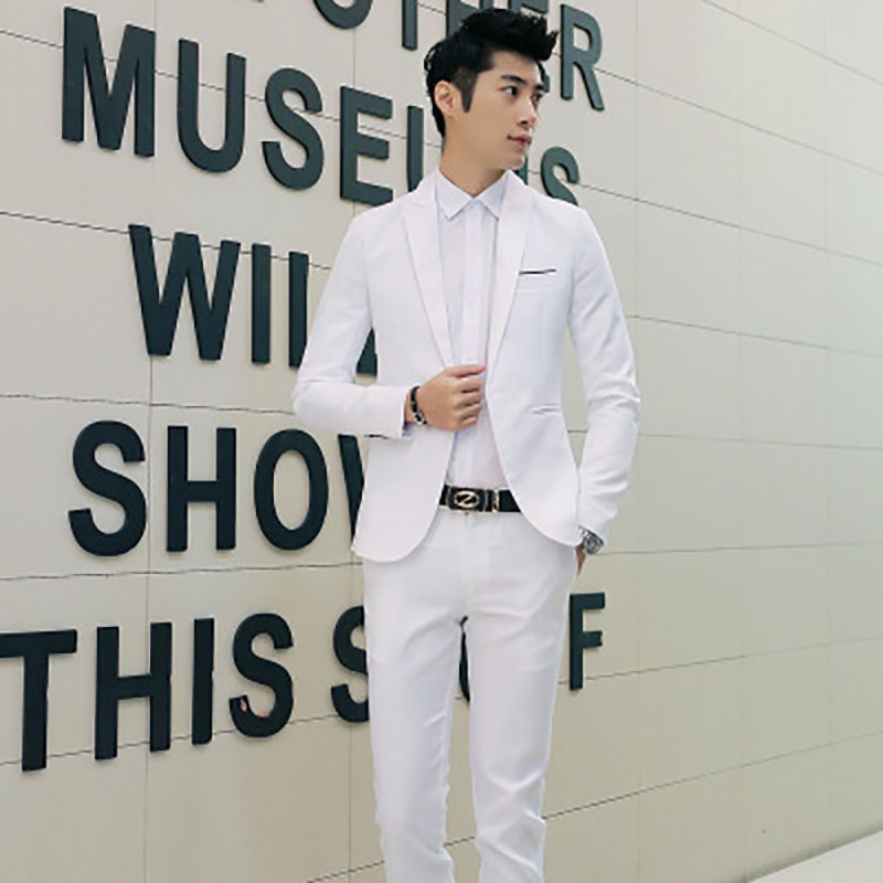 Set đồ công sở 2 món gồm áo khoác blazer + quần dài + áo khoác vest màu trắng cài nút lịch lãm cho nam