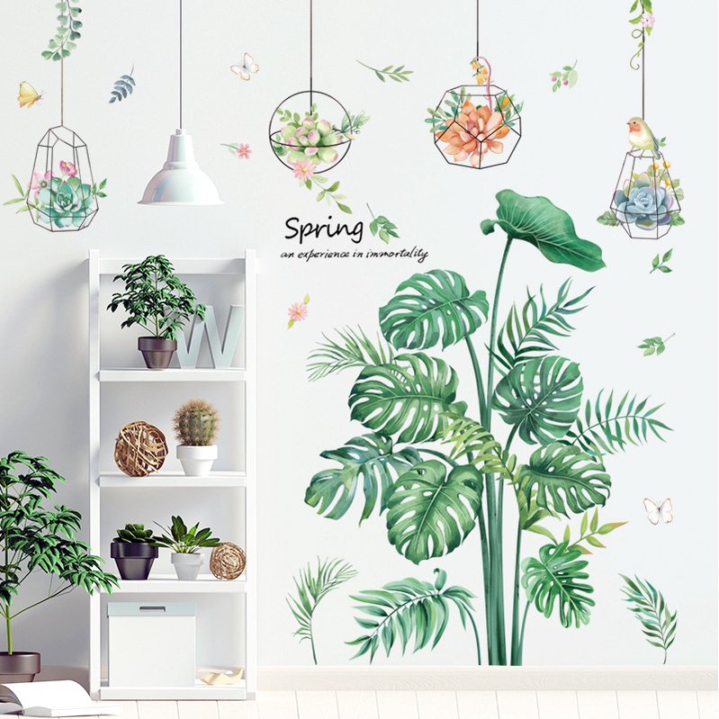 Decal  dán tường tán cây và những giỏ hoa