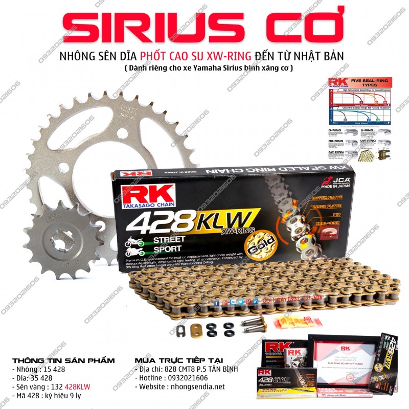 Nhông sên dĩa xe Sirius sên RK vàng 428KLW phốt cao su chính hãng