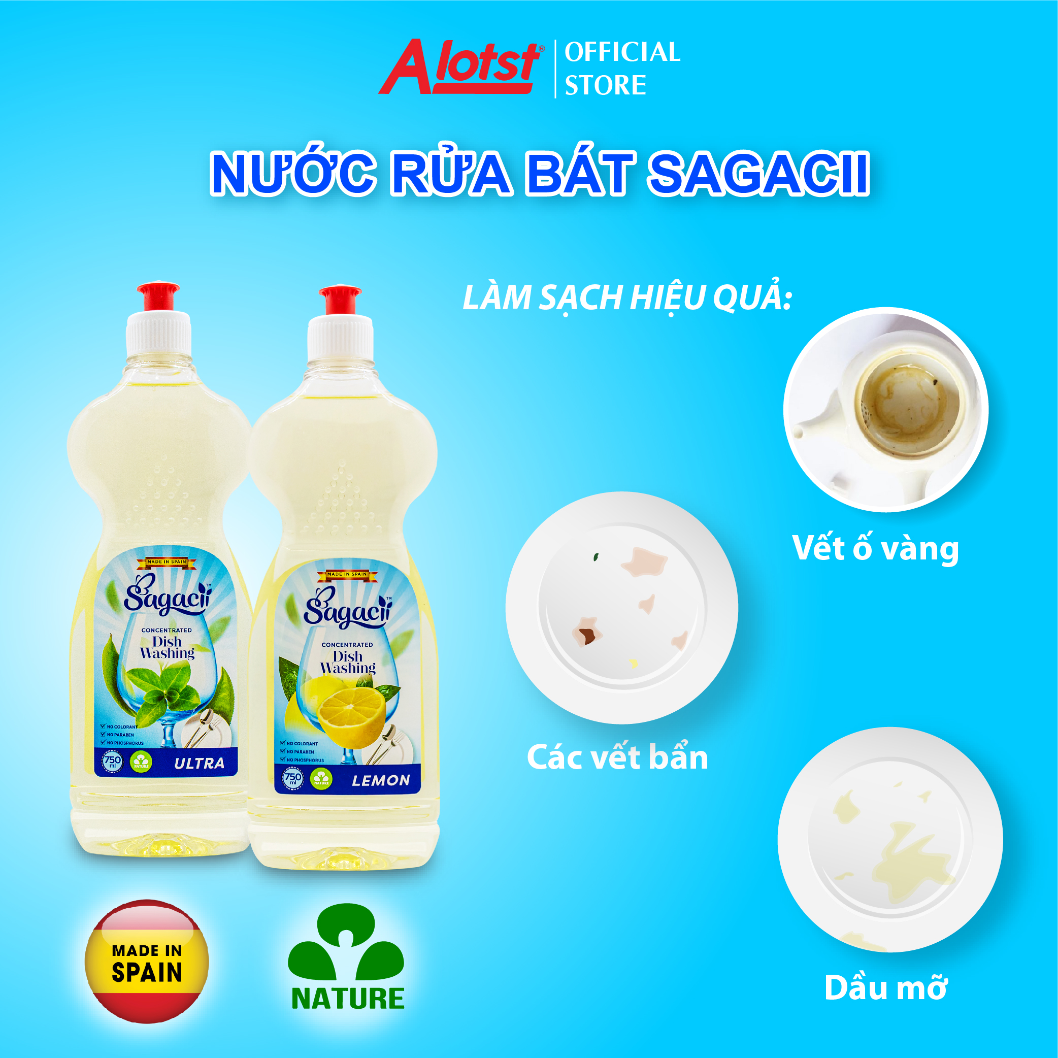 Nước rửa chén bát đậm đặc Sagacii 750ml Lemon made in Spain