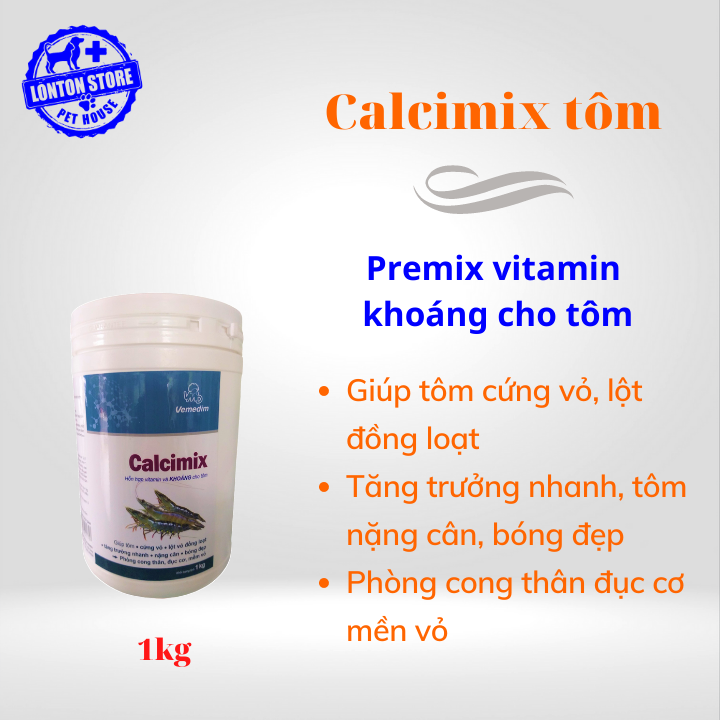 VEMEDIM Calcimix tôm, hỗn hợp vitamin, canxi, photpho và khoáng cho tôm, Hộp 1kg - Lonton store