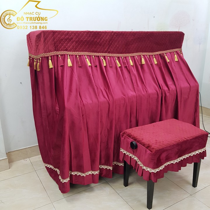 Bộ khăn phủ đàn Piano đỏ phối hạt châu vàng cao cấp