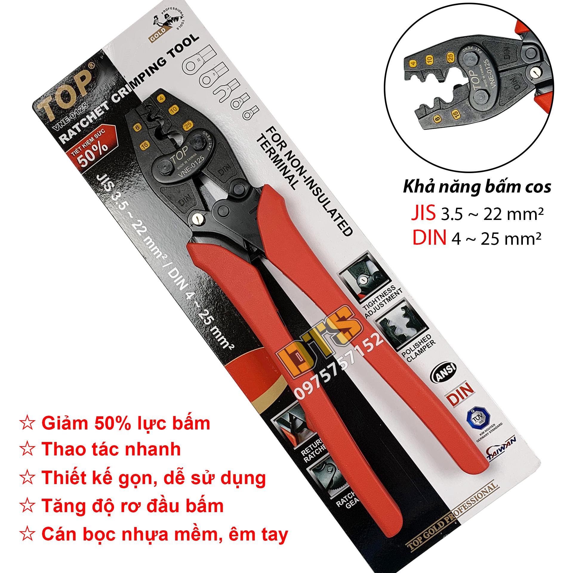 Kìm bấm cos trợ lực số 25 4 -  25 mm2 TOP GOLD, tiết kiệm lực, độ chính xác cao, có nút điều độ rơ  (Kềm bấm cốt 25L)