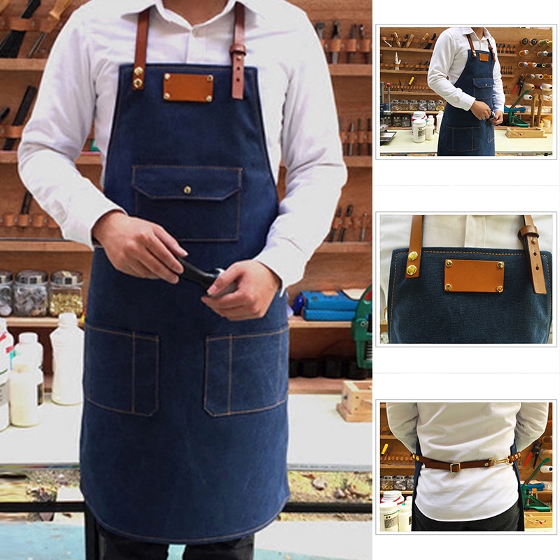 Denim Bib Retro Aprons Leather Strap Barista Barber Bartender BBQ tạp dề Chef Practical Multi-functional Workwear Uniform Clothes for Hairdressers Professional Work Clothes for Hairdressers Haircut Apron Household