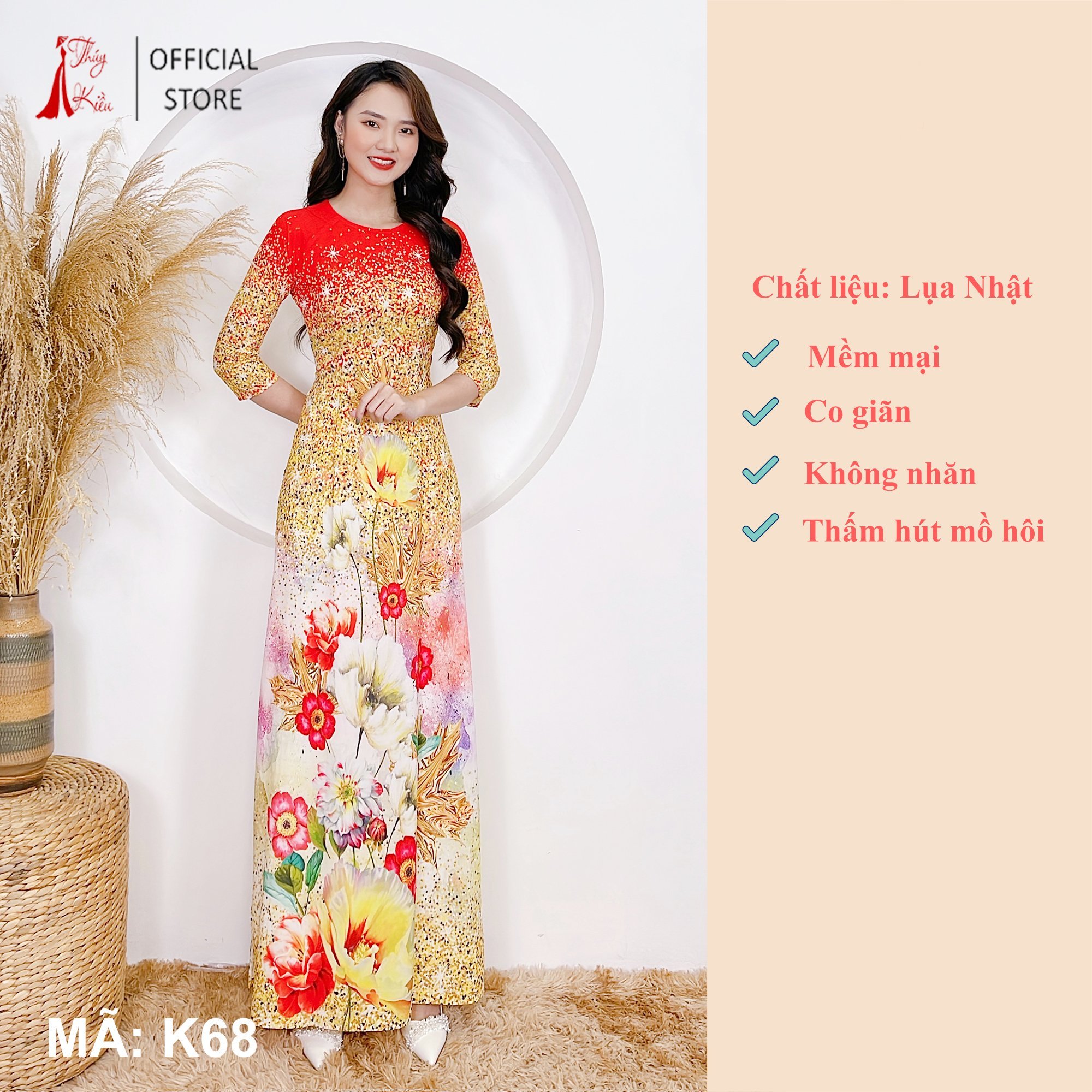 Áo dài nữ may sẵn thiết kế hoa nhí đẹp cách tân tết nền vàng K68 Thúy Kiều mềm mại, co giãn,áo dài giá rẻ