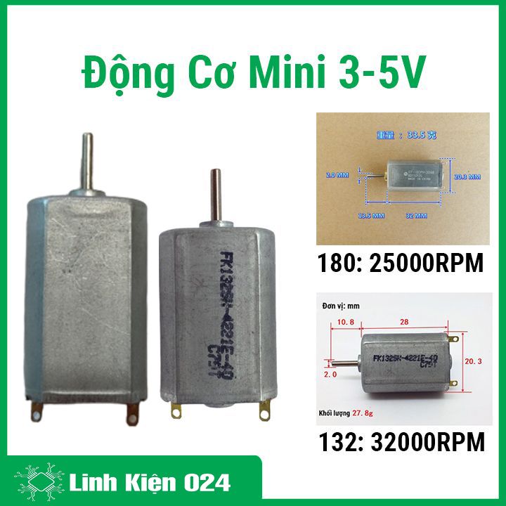 Động cơ mini 180/132 3-5v tốc độ vòng 25000rpm / 32000rpm, đường kính trục motor 2mm