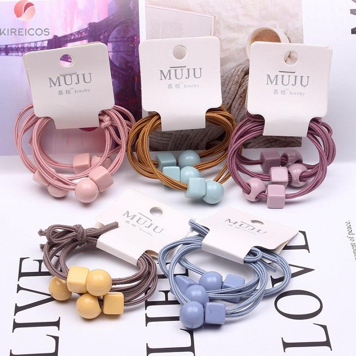 Set 3 dây cột tóc 2 hạt vuông tròn nhiều màu - màu ngẫu nhiên