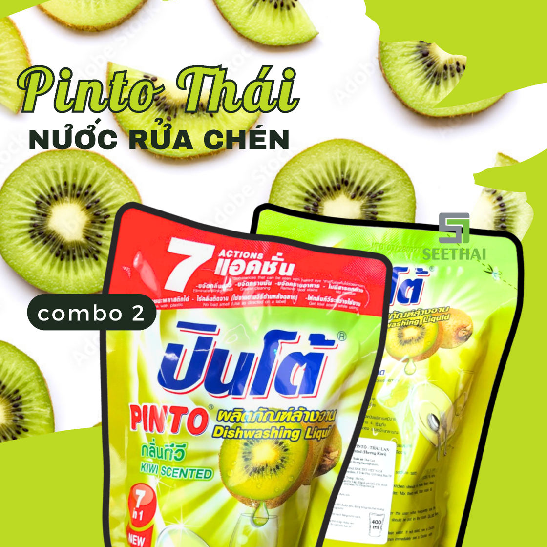 Combo 2 nước rửa chén đậm đặc thái lan pinto kiwi - túi 400ml - không làm khô da tay