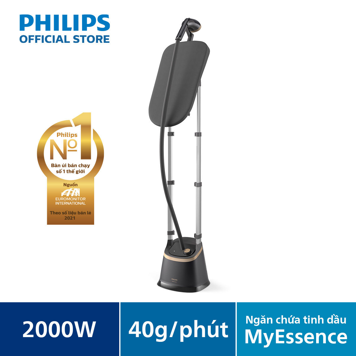 Bàn Ủi Hơi Nước Đứng Philips STE3170/80 - Công Suất 2000W - Bình Chứa Nước 2L - Hơi Phun 40G/Phút - Ngăn Chứa Tinh Dầu - Hàng Phân Phối Chính Hãng