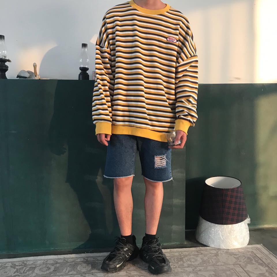 Áo hoodie sọc nhí cổ tròn phối màu siêu hot
