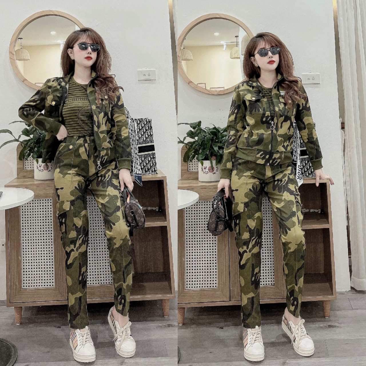 Set lính rằn ri nữ chất kaki (gồm khoác, quần, áo ba lỗ)