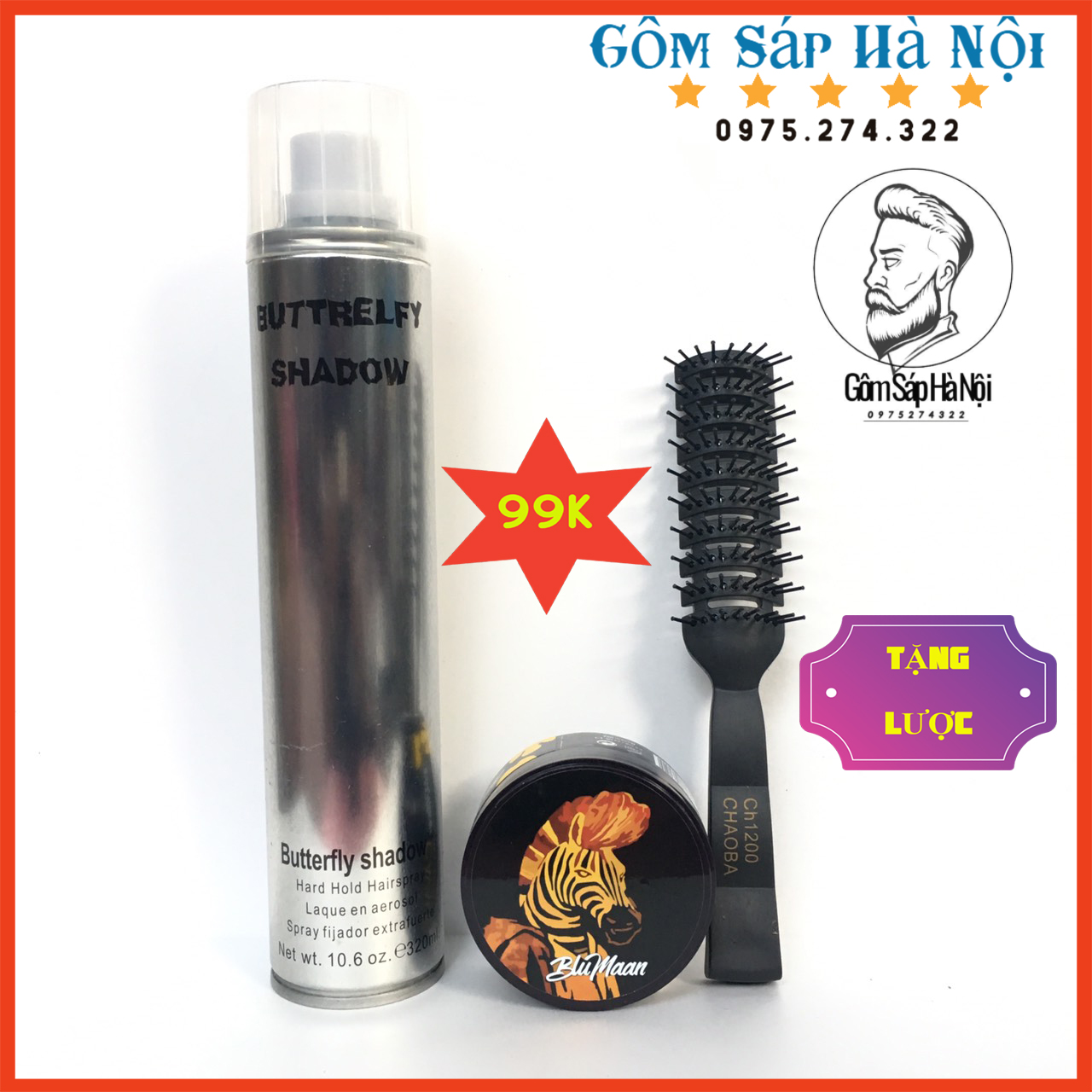 Combo Gôm Xịt Tóc Buttrefly 320ml + Sáp Vuốt Tóc Bluman Ngựa + Lược