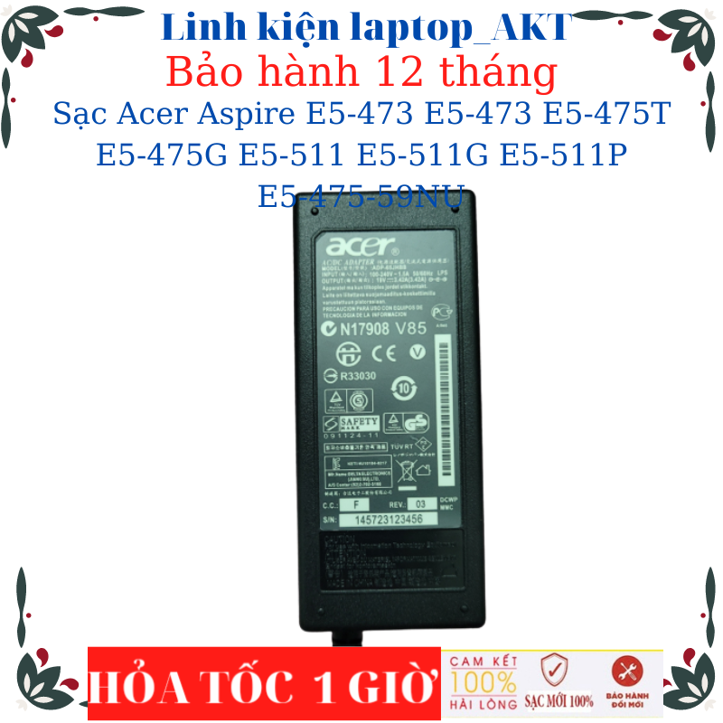 Sạc laptop Acer Aspire E5-473 E5-473 E5-475T E5-475G E5-511 E5-511G E5-511P E5-475-59NU- Sạc 19V-3.42A chân vàng
