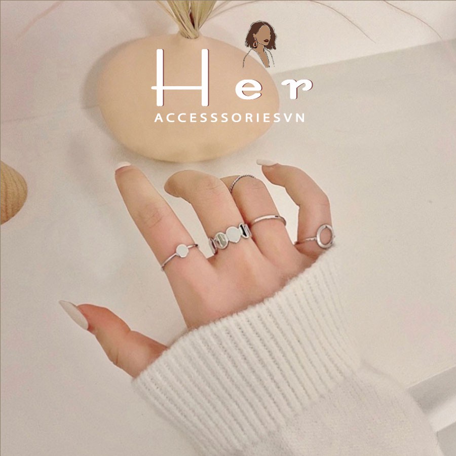 Set nhẫn nữ 5 chiếc, nhẫn phong cách cổ điển, họa tiết dây xích cá tính, Her Accessories | N13