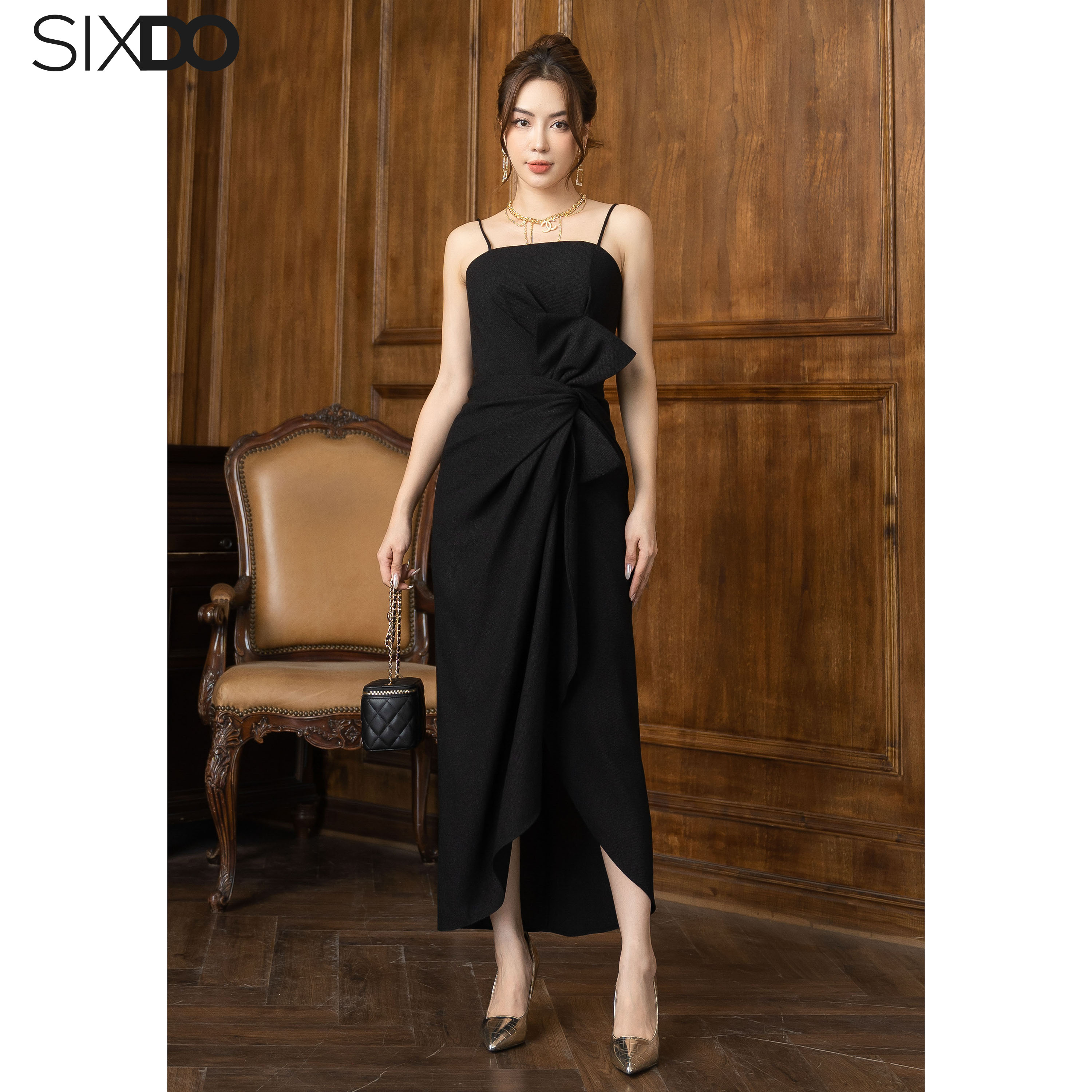 Đầm tweed hai dây phối nơ eo SIXDO (Black Strappy Midi Tweed Dress)