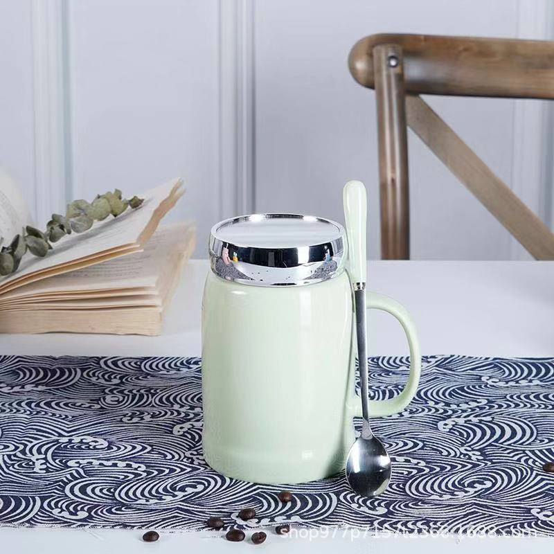 Cốc gốm sứ sáng tạo cốc tráng gương cốc nước dung tích lớn văn phòng có thìa có nắp cốc uống cà phê cặp đôi cốc sữa hot