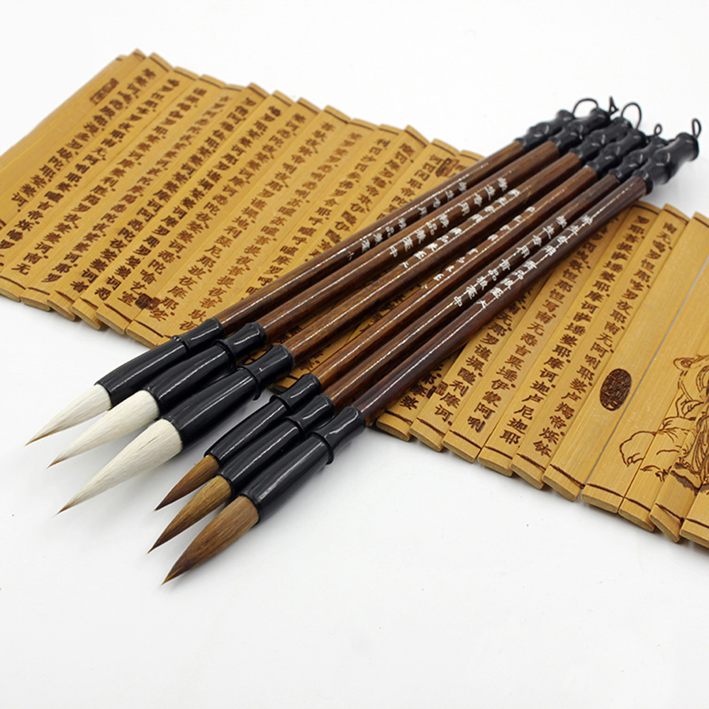 6pcs/set Stationery Student School Writing Brush Brown Weasel Hair Brush Pen Chinese Calligraphy