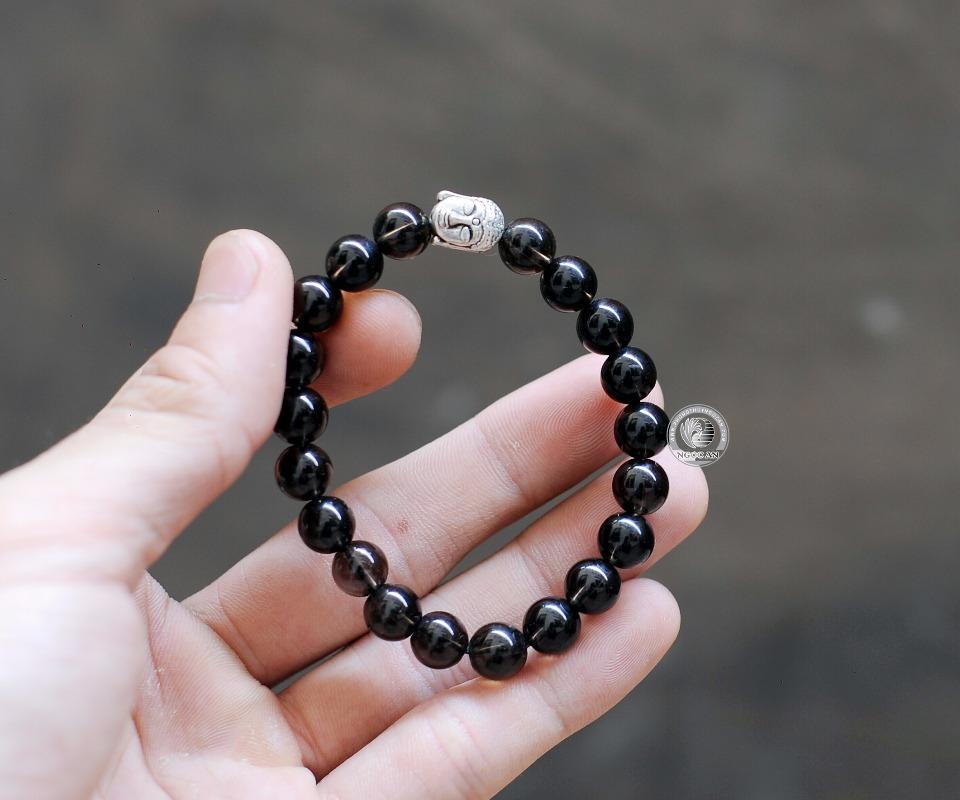 Vòng Tay Đá Thạch Anh Đen Mix Đầu Phật Bạc