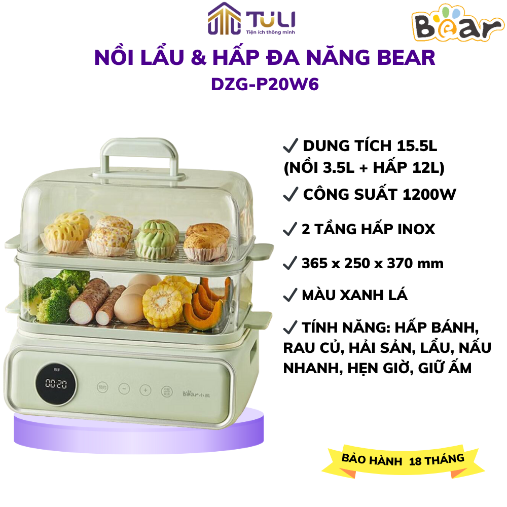 Nồi hấp và nấu lẩu điện bear dzg-p20w6 đa năng, dung tích 15.5l, khay hấp inox, an toàn cách nhiệt, bh 18 tháng
