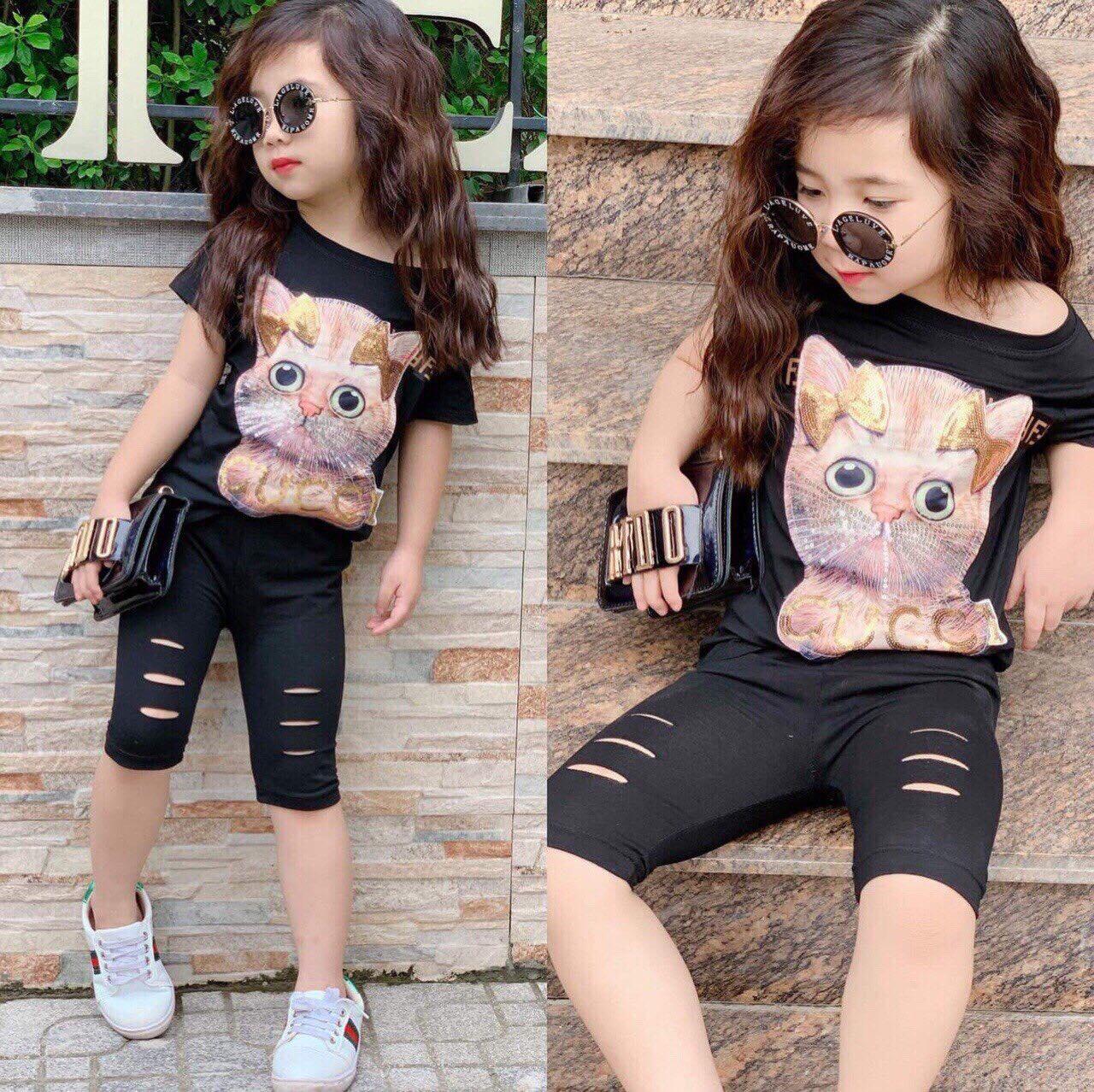 [HCM]Bộ thun kiểu quần rách cực phẩm mùa hè bé gái - size 1-7 [Midu] - đồ bộ thun cotton cho bé gái -đồ bộ thun cho bé gái - Bộ bé gái thêu hình mèo