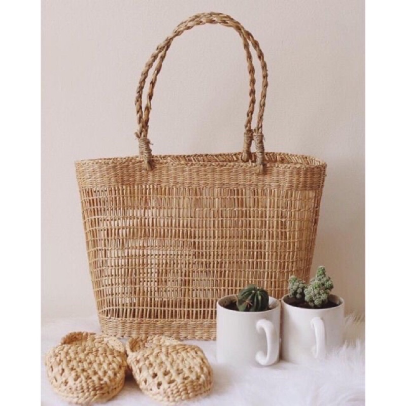 Túi cói handmade đan thưa cầm tay đi biển dạng chữ nhật