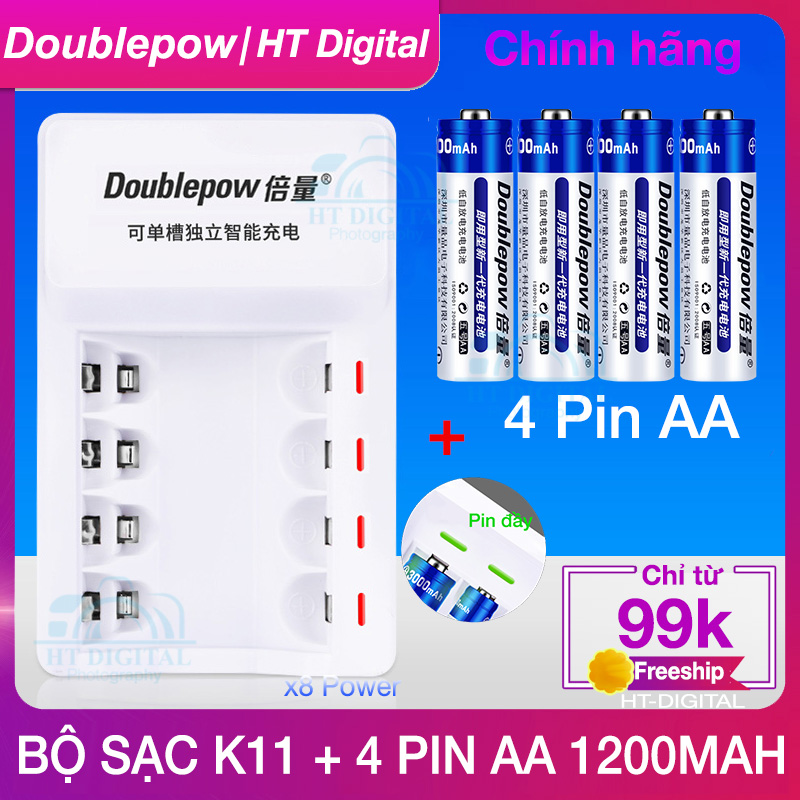 Combo bộ sạc AA/AAA K11 + 4 pin AA 1200mah Doublepow (hàng chính hãng) Pin Sạc Micro Không Dây - Pin Đồ Chơi Điện Tử - Pin Tiểu Sạc Dung Lượng Cao - Pin Micro Loa Kẹo Kéo - Pin Chuột Không Dây