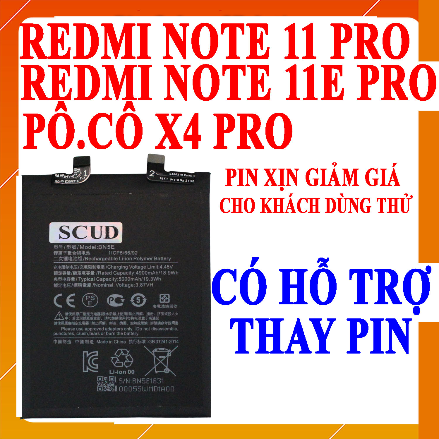 Pin Scud cho Xiaomi Redmi Note 11 Pro/Redmi Note 11E Pro/Poco X4 Pro/Pocophone X4 Pro/Pocofone X4 Pro mã BN5E dung lượng 5000mAh (Trắng)