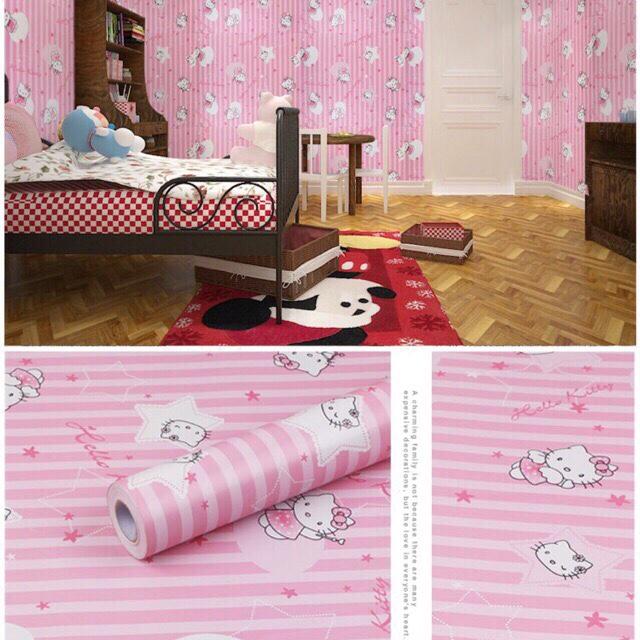 10M Giấy Dán Tường Sẵn Keo Kitty Dọc Hồng (10m x 45cm)