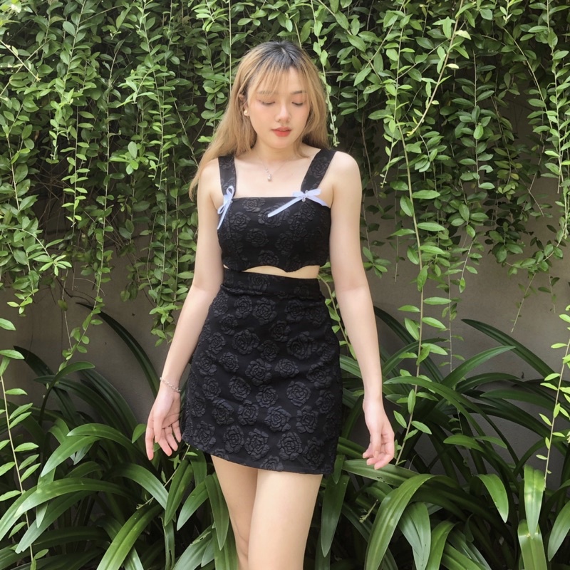 Set croptop corset thắt nơ + chân váy A (có tách lẻ) [Shi.Lingerie]