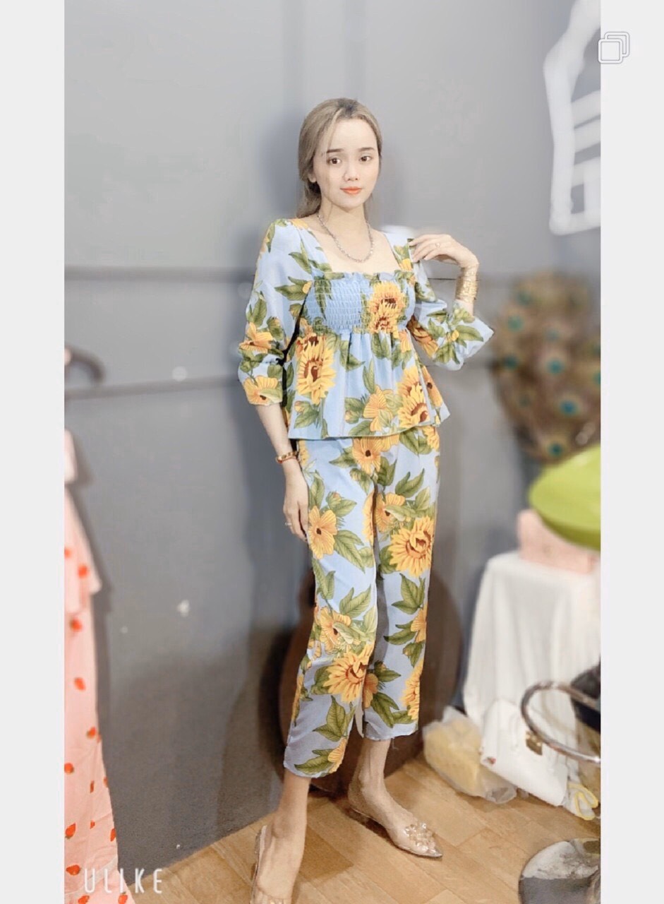 Sét bộ hoa nhúm ngực tay dài cao cấp-THH