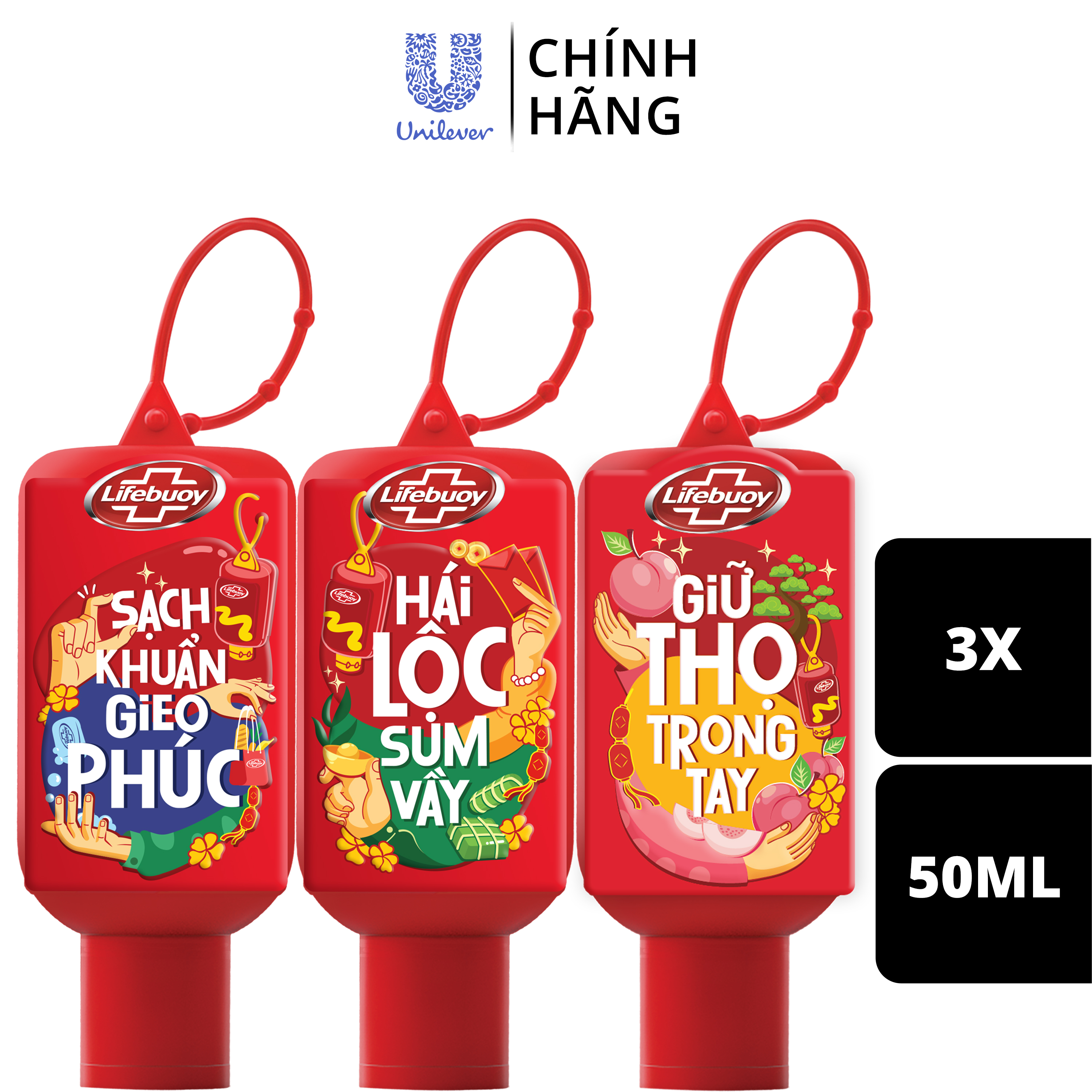 [Hàng tặng không bán] - Combo 3 Vỏ bọc Gel rửa tay Lifebuoy phiên bản Tết Giới Hạn chữ Phúc - Lộc - Thọ