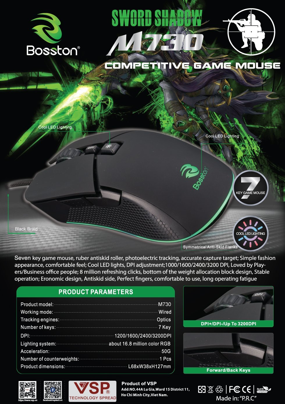 Chuột Gaming 7D Bosston M730 DPI 3200 - Led cực đẹp (Đen) - Nhất Tín Computer