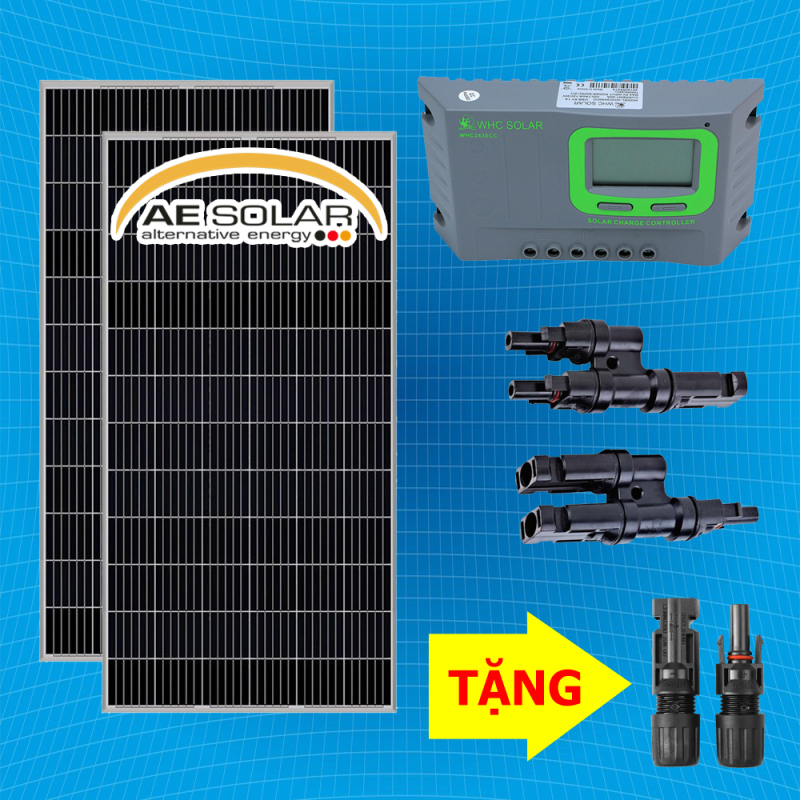 COMBO 2 tấm pin MONO PERC 385W AE Solar + Bộ điều khiển sạc 12/24V 30A + MC4 T2 tặng MC4