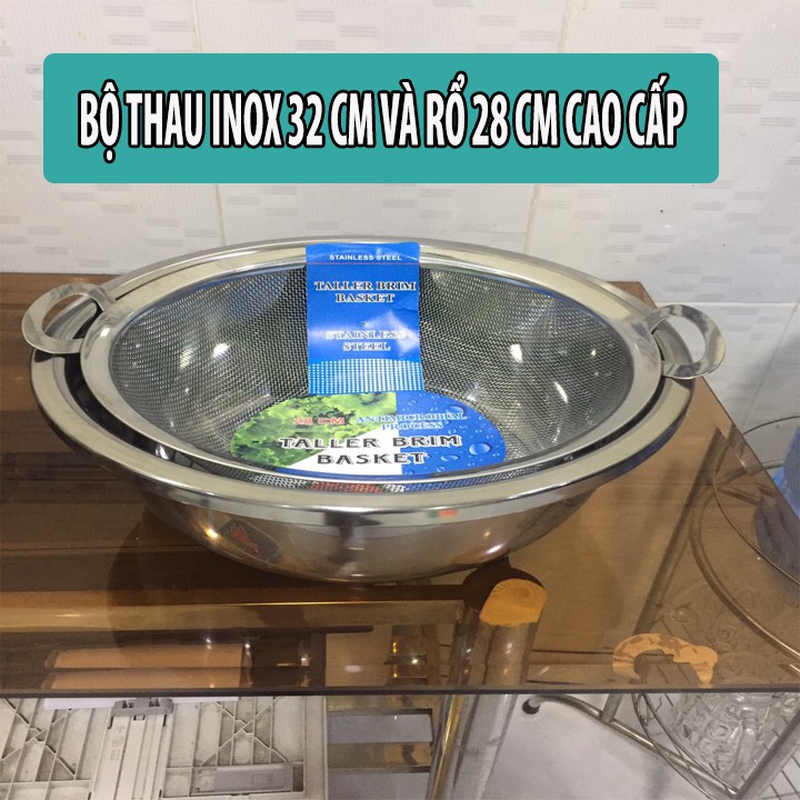 Thau rửa rau, quả, trộn salad 32 cm và rổ lưới inox có đế 28 cm có quai. Thau inox an toàn