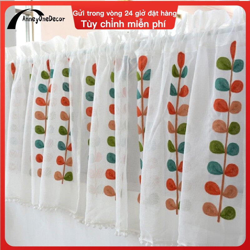 Embroidered Colorful Leaf Pattern Short Curtains Door Decoration Half Window Kitchen Curtains Valances