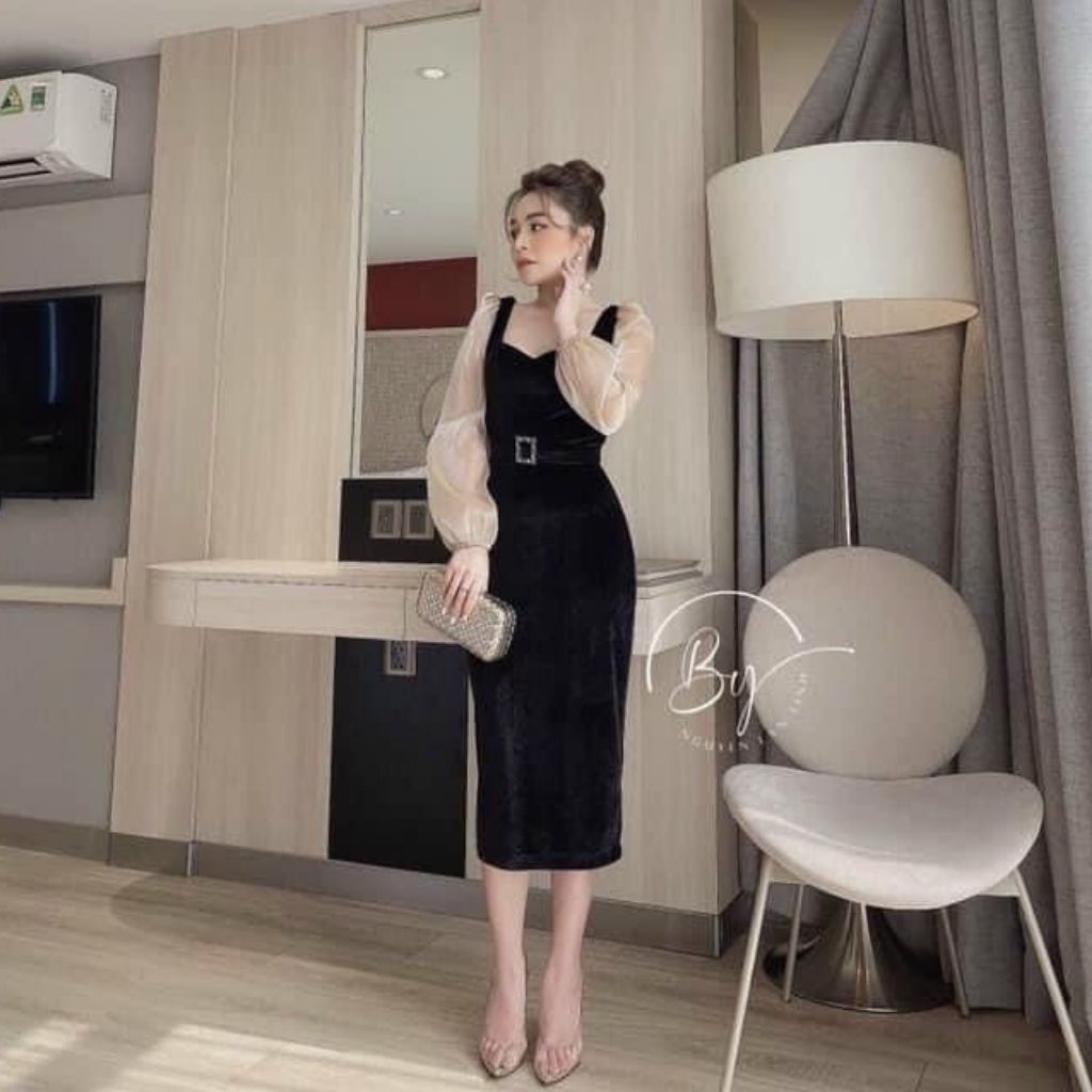 Váy nhung phối tay cổ v