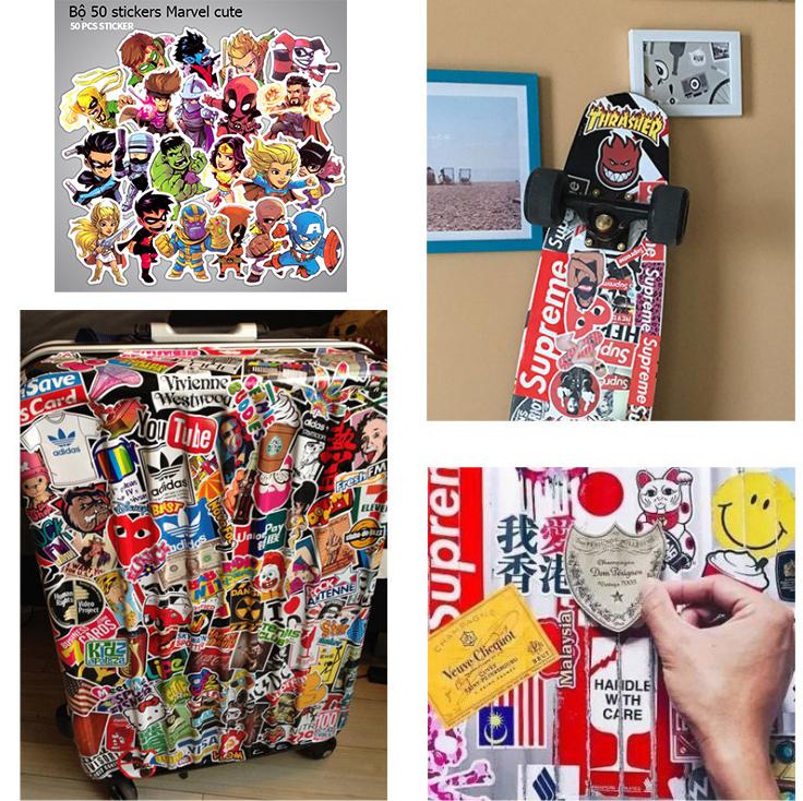 Combo 50 Sticker MARVEL CUTE  ko thấm nước dán Nón BH, laptop, vali, xe,....[016]