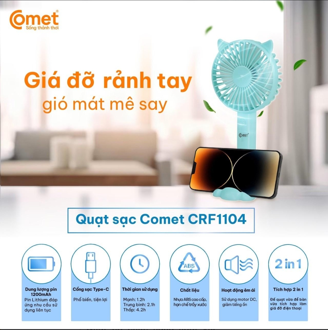 Quạt sạc cầm tay Comet CRF0804, CRF1104