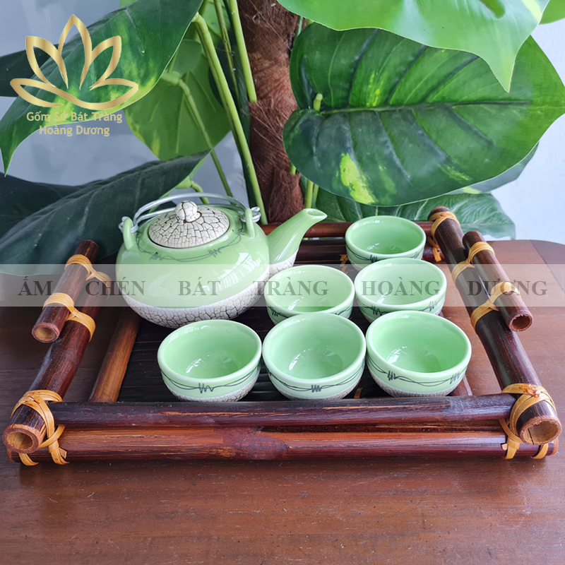Bộ ấm chén Bát Tràng men rạn 400ml RT3 kèm khay tre cao cấp