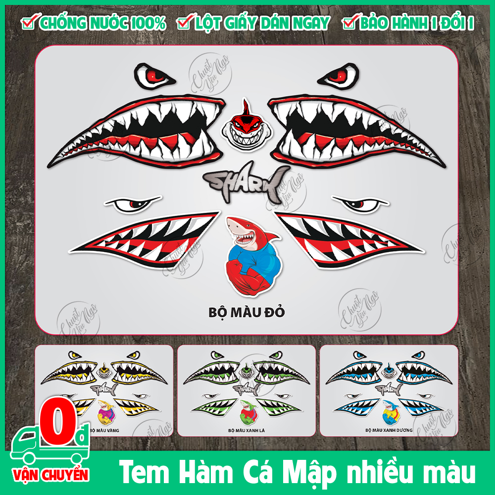 Bộ tem hàm cá mập nhám nhiều màu decal tem xe hình dán chống nước dán xe laptop