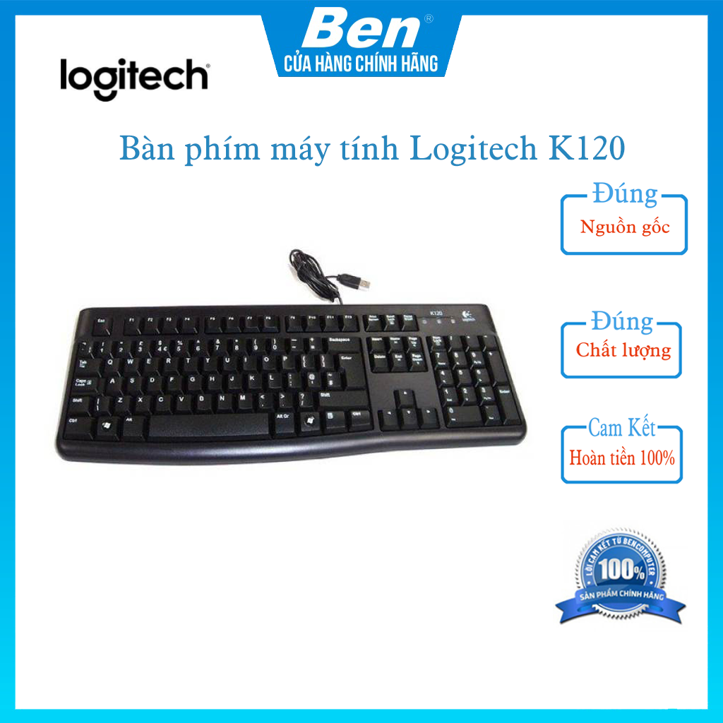 Bàn phím máy tính có dây Usb Logitech K120  bảo hành chính hãng 2 năm- Ben Computer Store - Bền bỉ, chống tràn, có thể điều chỉnh góc độ gõ, kích thước đầy đủ có phím số