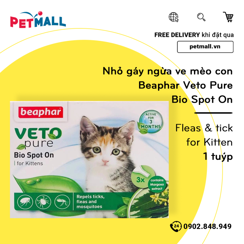 Nhỏ gáy ngừa ve mèo con Beaphar Veto Pure Bio Spot On - 1 tuýp - fleas & tick for Kitten