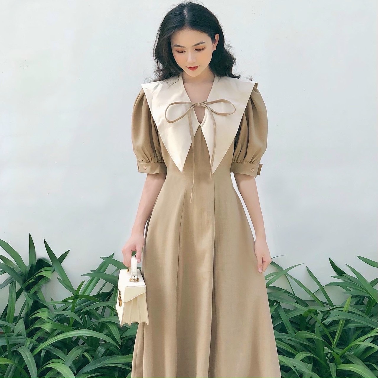 Đầm cổ trắng nơ cổ form dài 2 màu