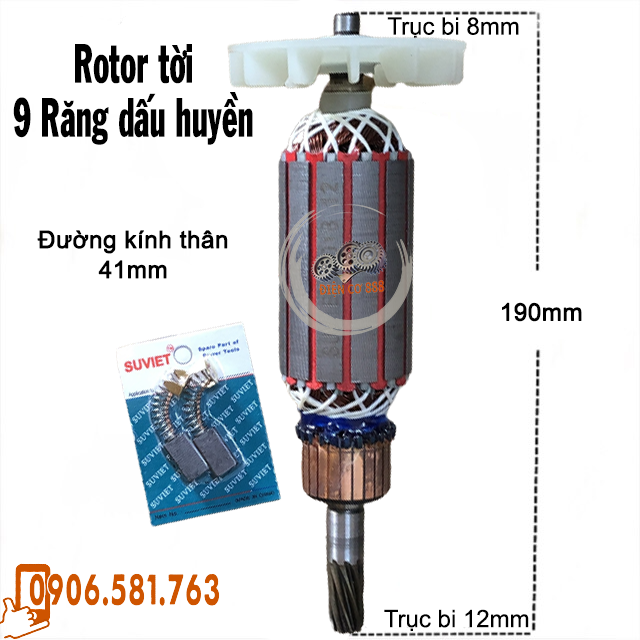 Rotor tời điện 9 Răng - Đường kính 41mm Dài 190mm 220V - Tặng chổi than