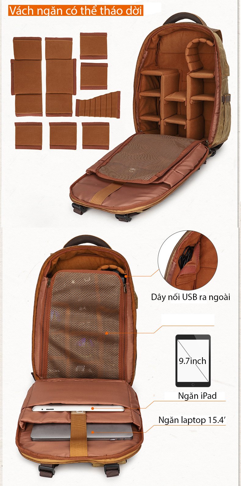 Balo đựng máy ảnh canvas có ngăn laptop