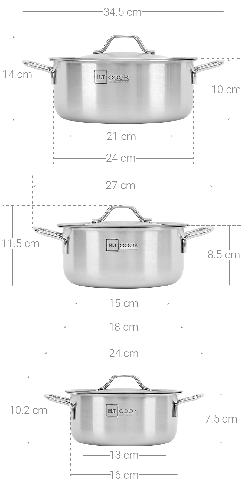 Bộ 3 Nồi Inox Nắp Inox HT Cook