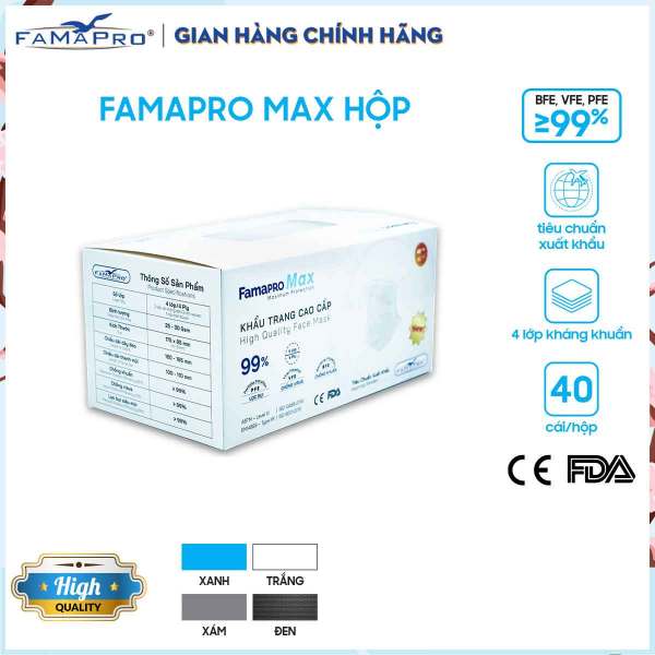 Khẩu trang y tế cao cấp 4 lớp Famapro Max kháng khuẩn (40 cái / Hộp) cao cấp