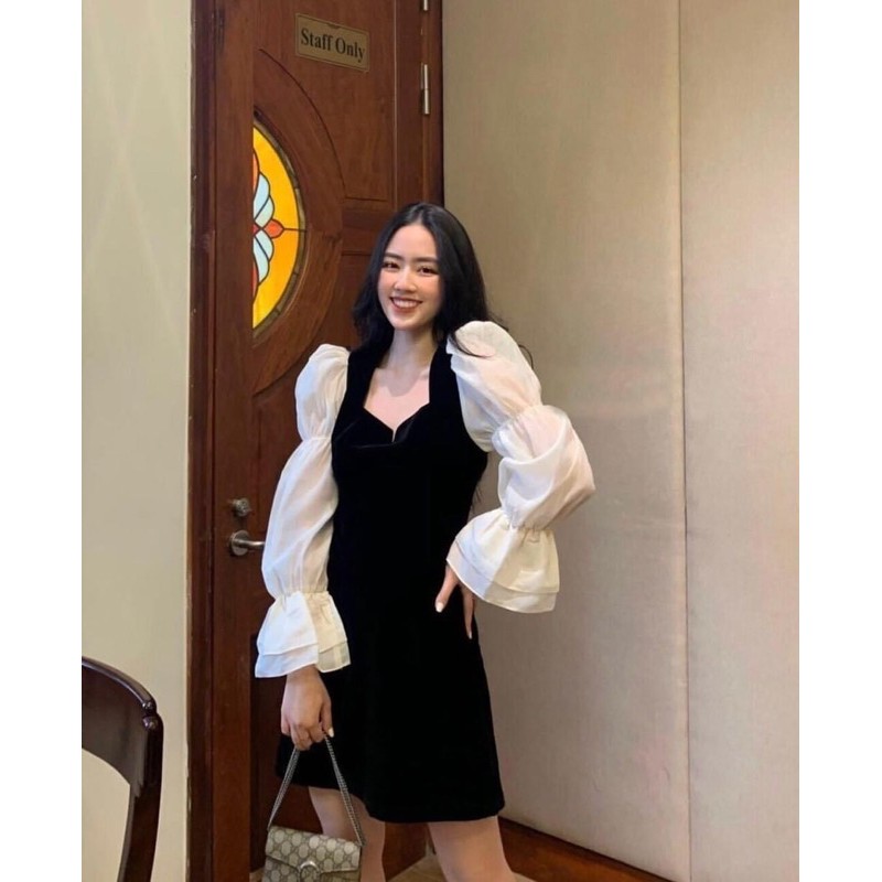 Đầm đen phối tay trắng