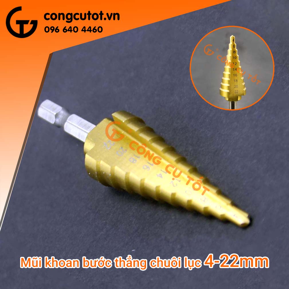 Mũi khoan tháp bước thẳng 4-22mm HSS phủ titanium,